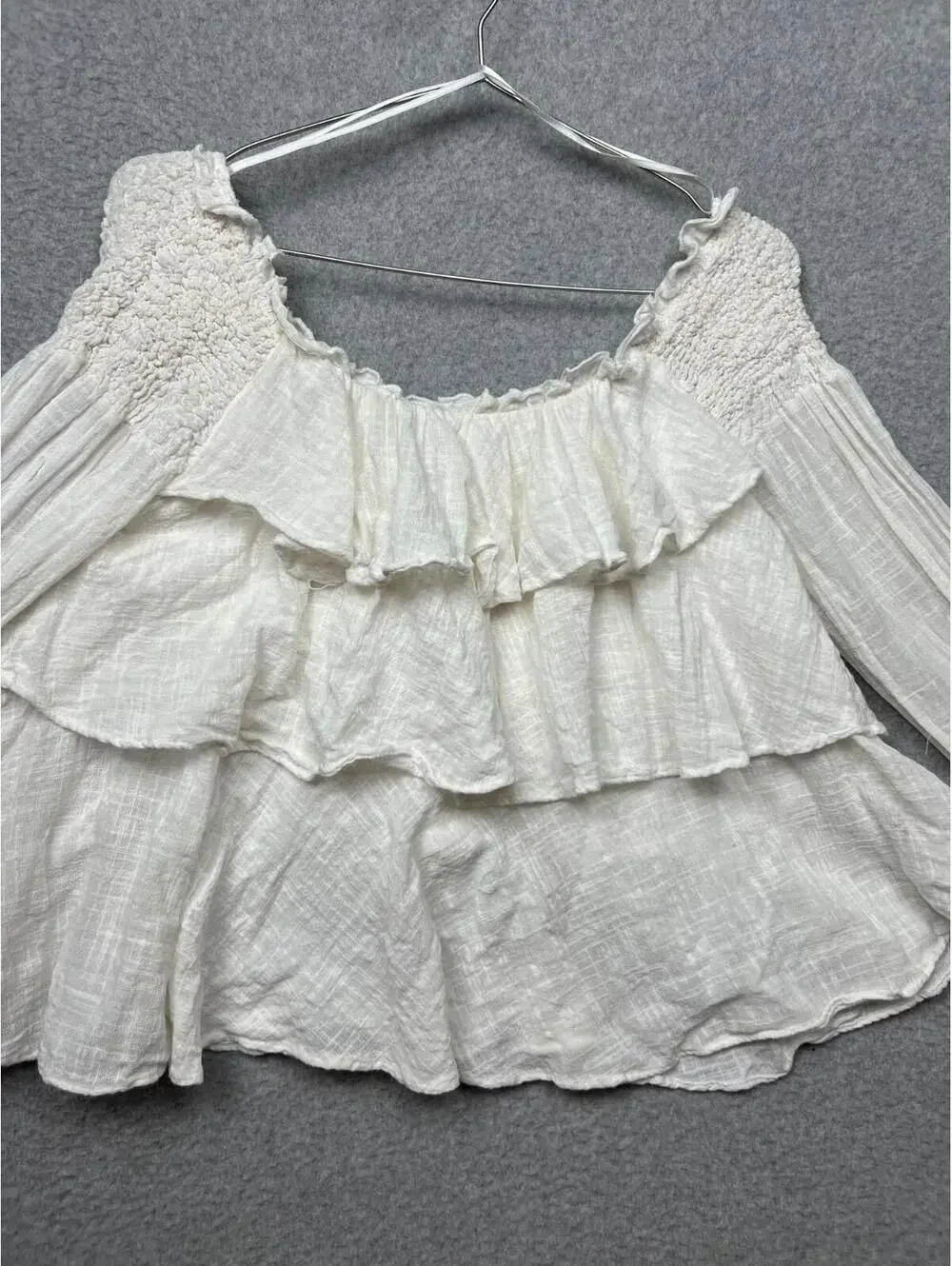 Zara Off The Shoulder Flowy Blouse Boho Long Sleeve Womens L Layer Ruffle Cotton
